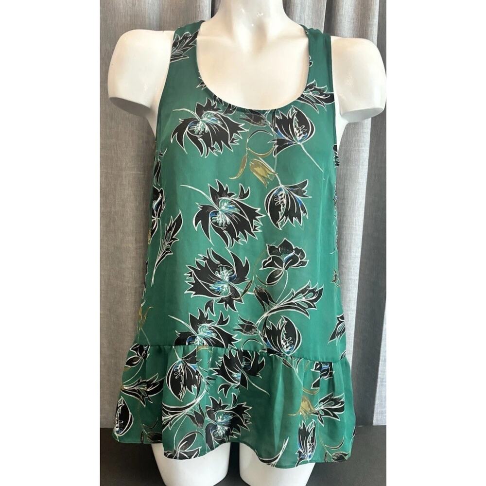 CAbi Women's Size XSmall Boho Zoe Peplum Sheer Tank Top Falling Flowers Green